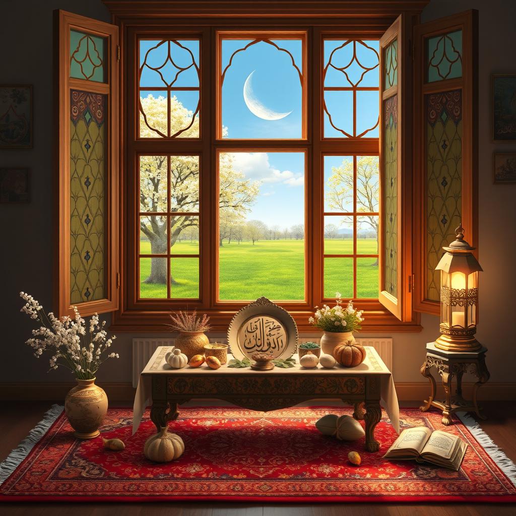 A traditional Persian indoor scene celebrating Nowruz and Ramadan in the spring