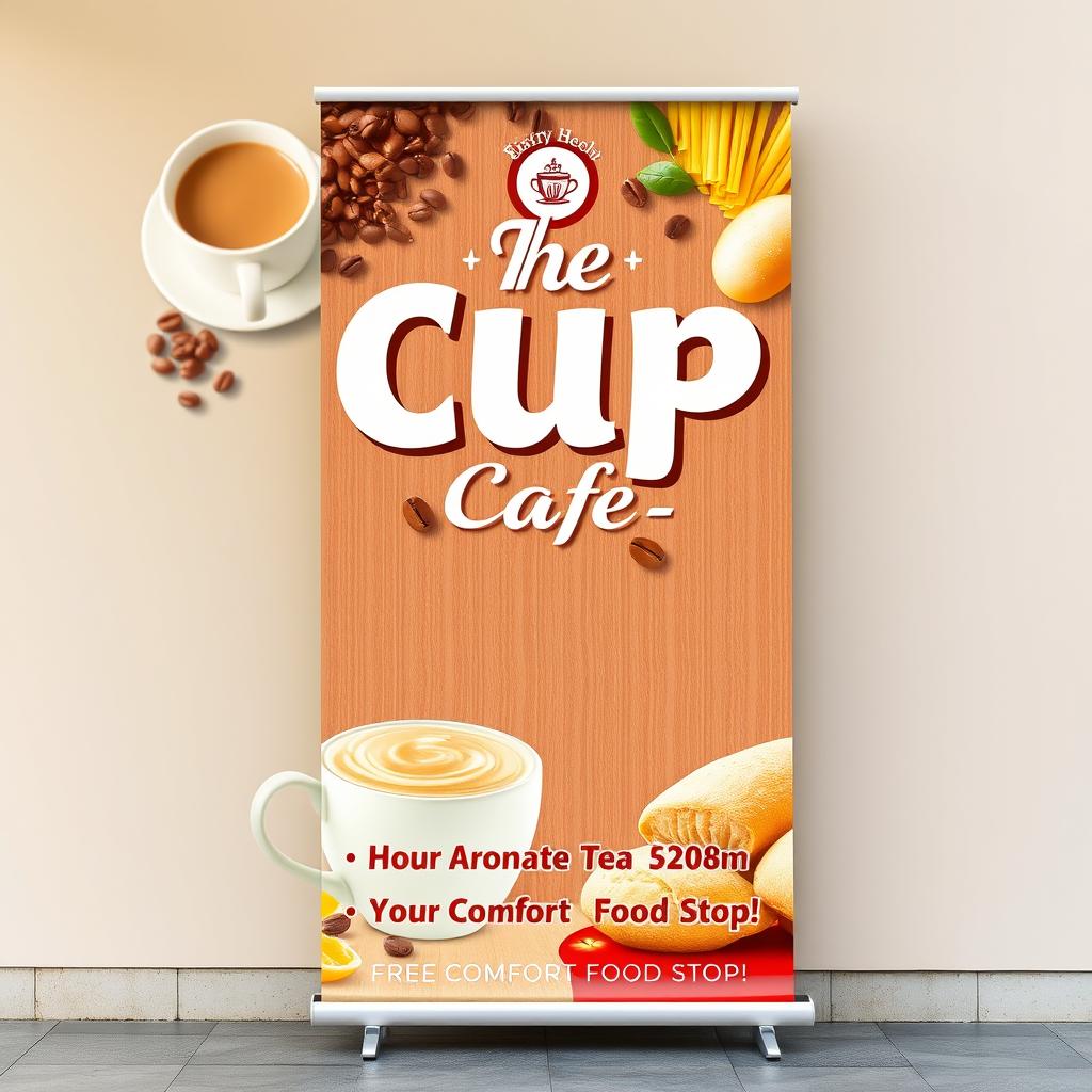 A vibrant and inviting tarpaulin design showcasing an advertisement for 'The Cup Cafe'