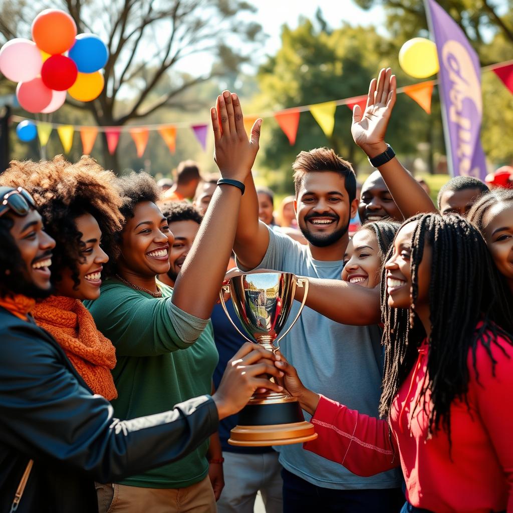 A vibrant and motivational scene showcasing a diverse group of people celebrating a team achievement