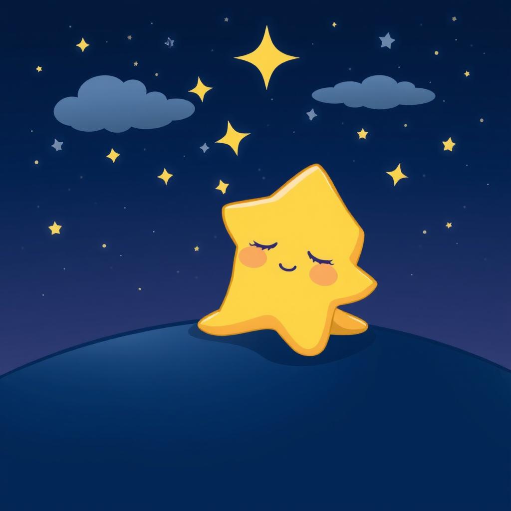 A cute cartoon star character peacefully sleeping under a starry night sky