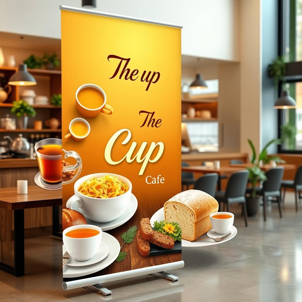 A vibrant and eye-catching tarpaulin design for 'The Cup Cafe', featuring enticing visual elements such as freshly brewed coffee, colorful teas, delicious pasta dishes, artisanal bread, and tempting rice cakes