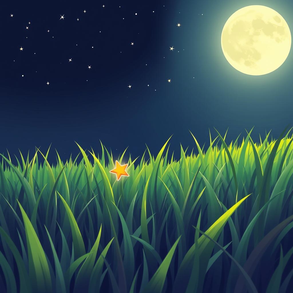A tranquil cartoon-style meadow bathed in soft moonlight