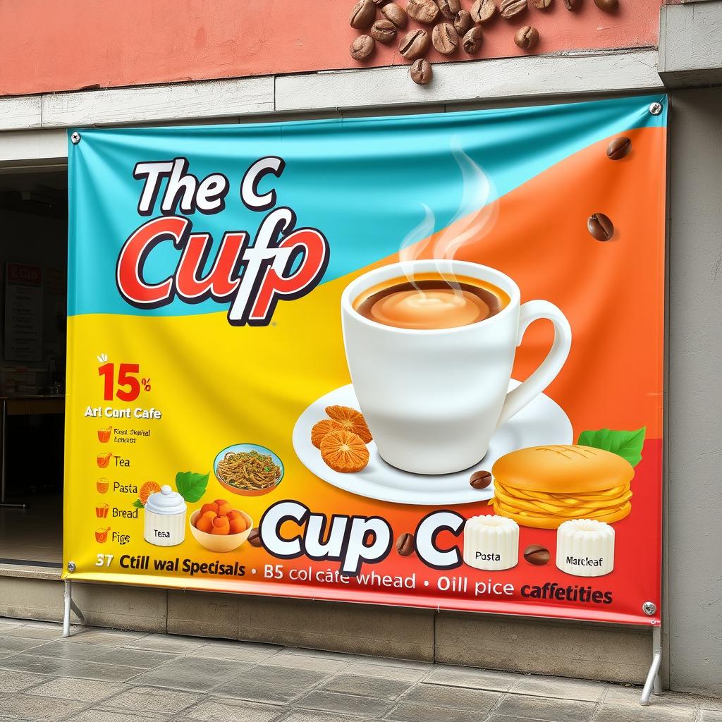 A vibrant tarpaulin advertisement for 'The Cup Cafe', prominently displaying a steaming cup of coffee and a variety of offerings including tea, pasta, fresh bread, and rice cakes