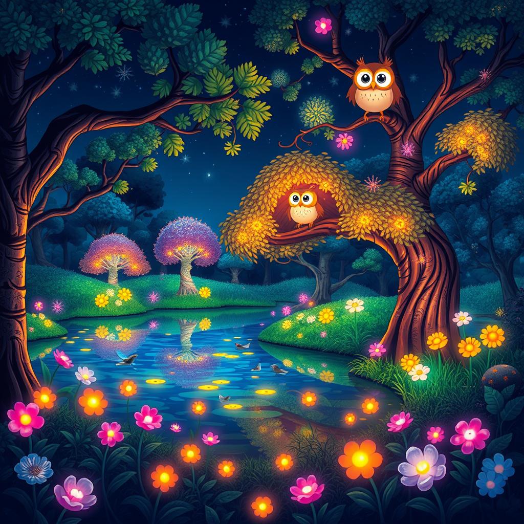 A dreamy cartoon forest scene illuminated by bright, glowing flowers in various colors, nestled amongst whimsical trees