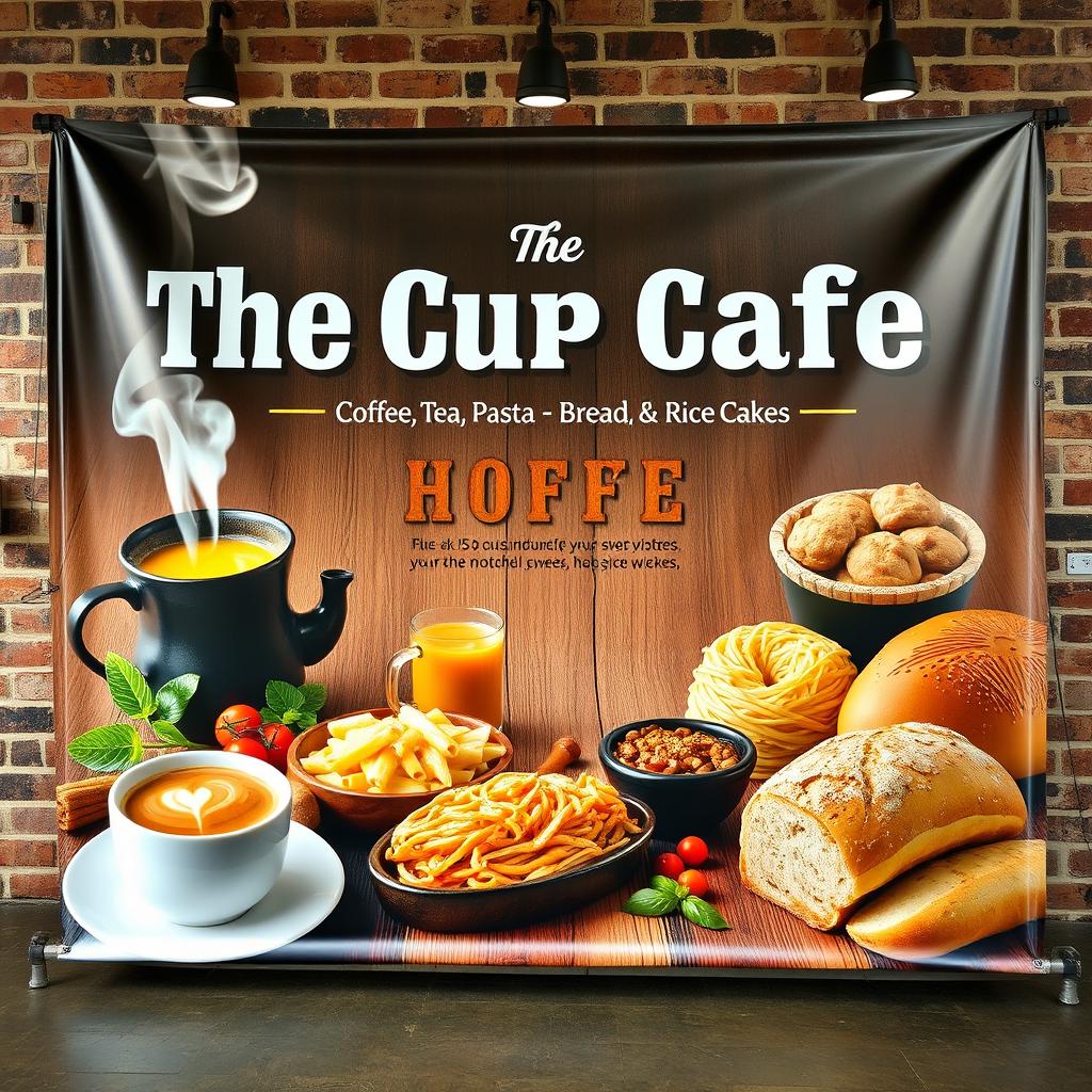 A large, vibrant tarpaulin advertising 'The Cup Cafe', showcasing our diverse menu featuring coffee, tea, pasta, bread, and rice cakes