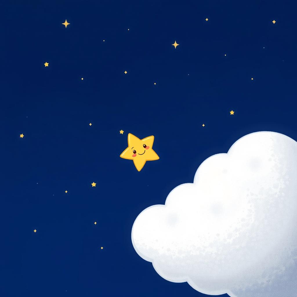 A charming and whimsical cartoon scene featuring a small, smiling star floating down gently onto a fluffy, white cloud at night