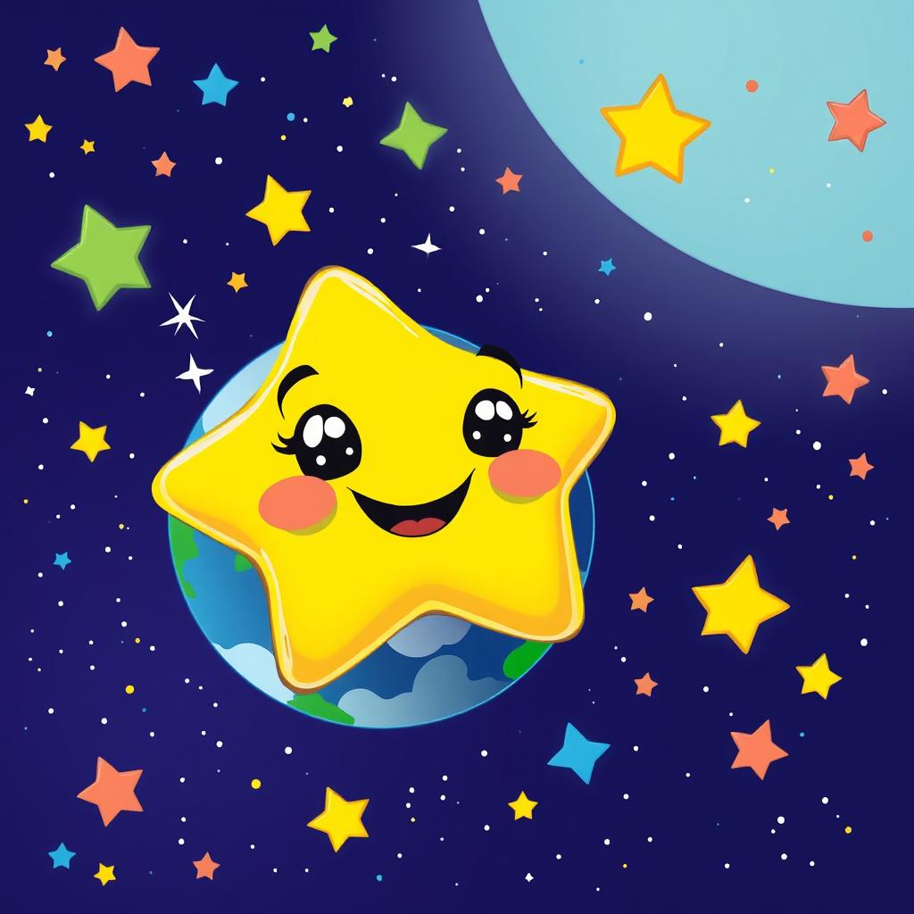 A cute cartoon star with a smiling face and big, expressive eyes, twinkling brightly, is looking down at Earth from the sky