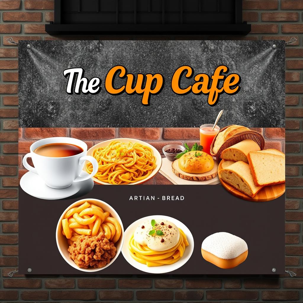 A vibrant tarpaulin design advertising 'The Cup Cafe', showcasing a selection of delicious offerings including coffee, tea, pasta, artisan bread, and rice cakes