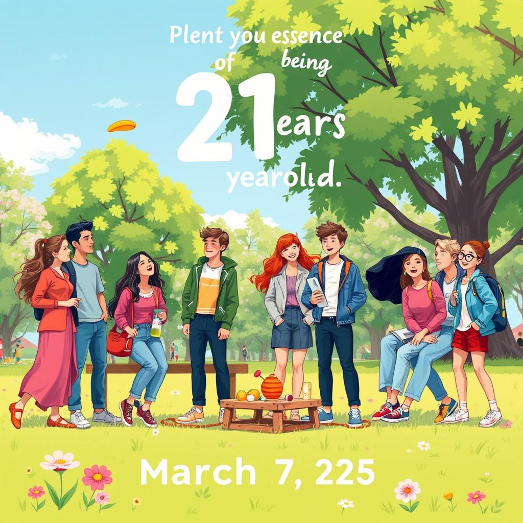 A vibrant and colorful illustration depicting the essence of being 21 years old, celebrating youth and vitality