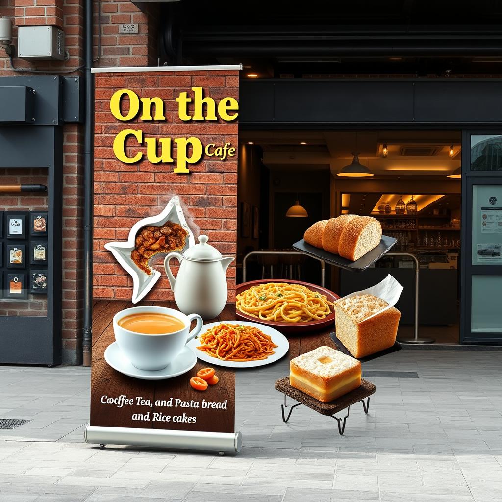 A visually striking tarpaulin design for a coffee shop named "On the Cup Cafe"