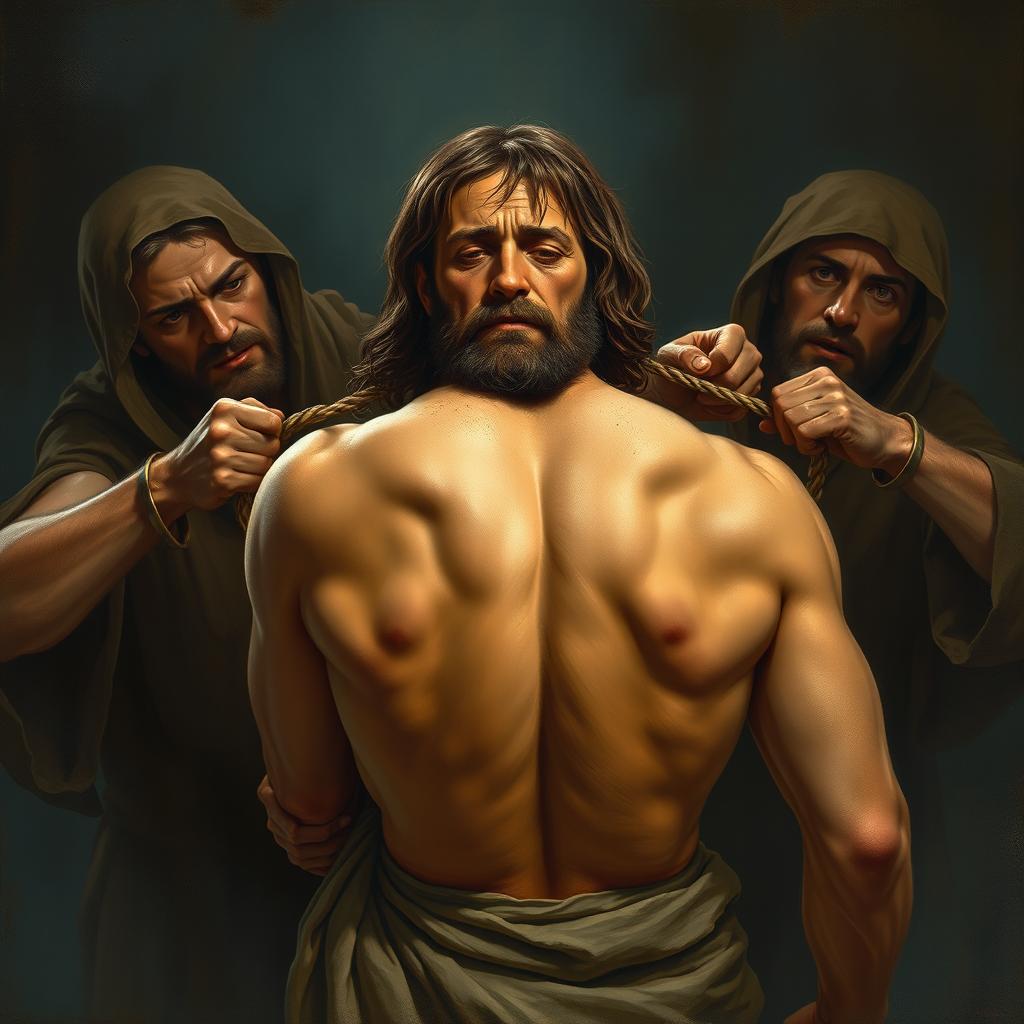 A realistic depiction of Jesus with short hair, facing forward with two figures behind him