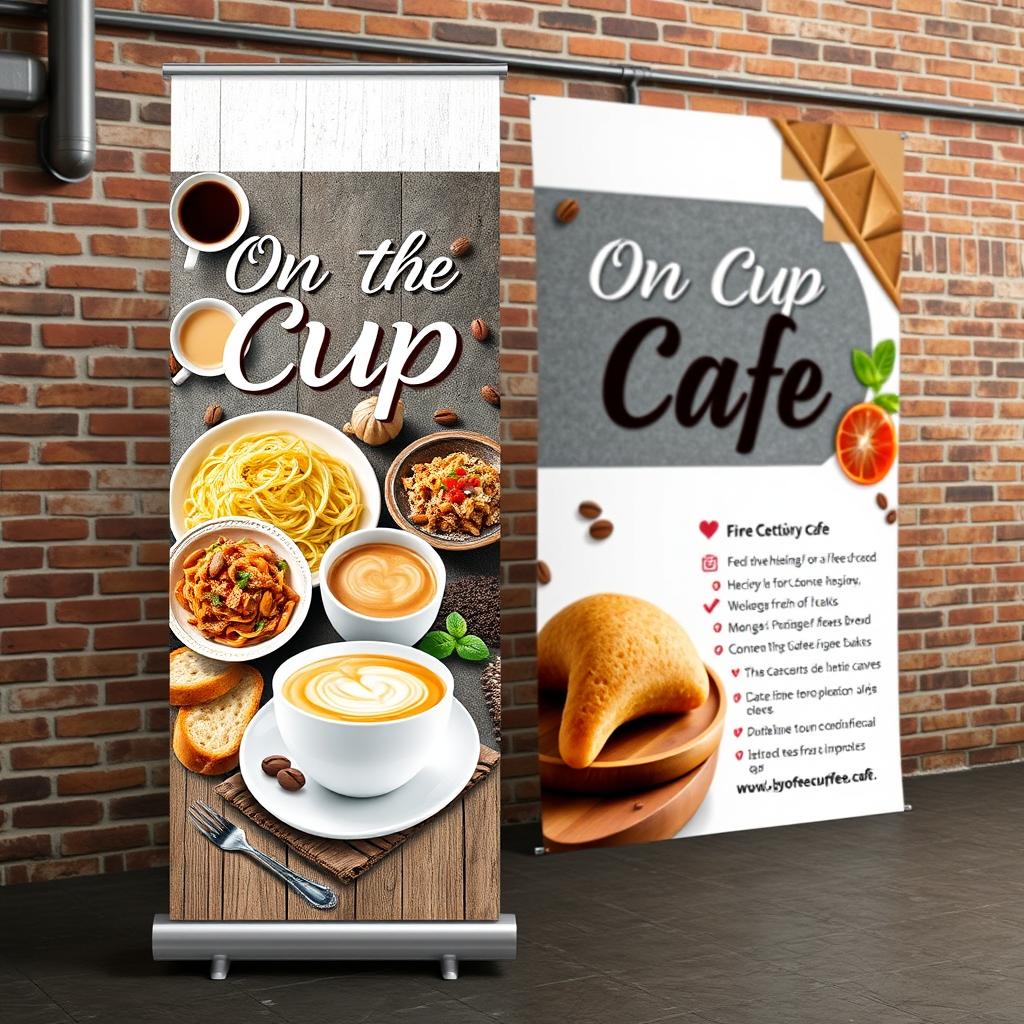 A vibrant and visually appealing tarpaulin design for "On The Cup Cafe"