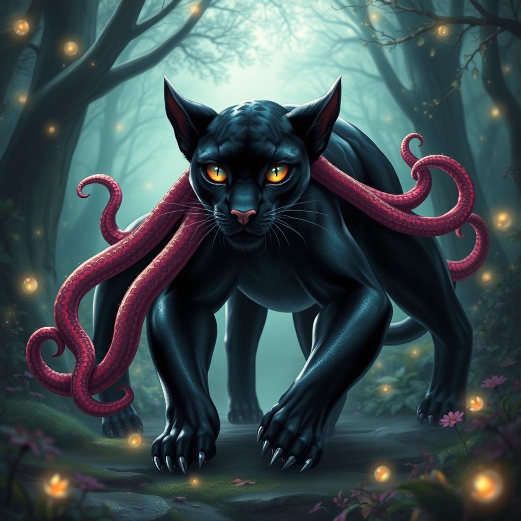 A fantastical six-legged black panther-like feline, showcasing its sleek and powerful form
