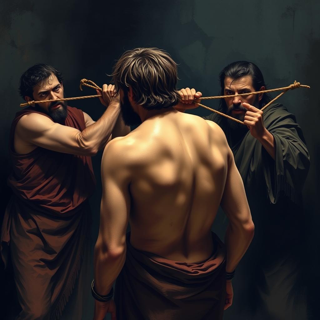 A realistic depiction of a scene where Jesus, portrayed with short hair, is standing in the foreground