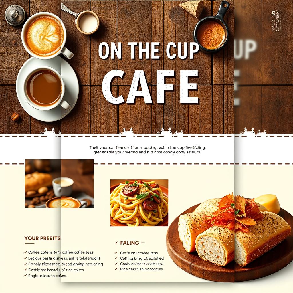 A flyer design for a coffee shop named "On The Cup Cafe" that features a warm and inviting industrial theme