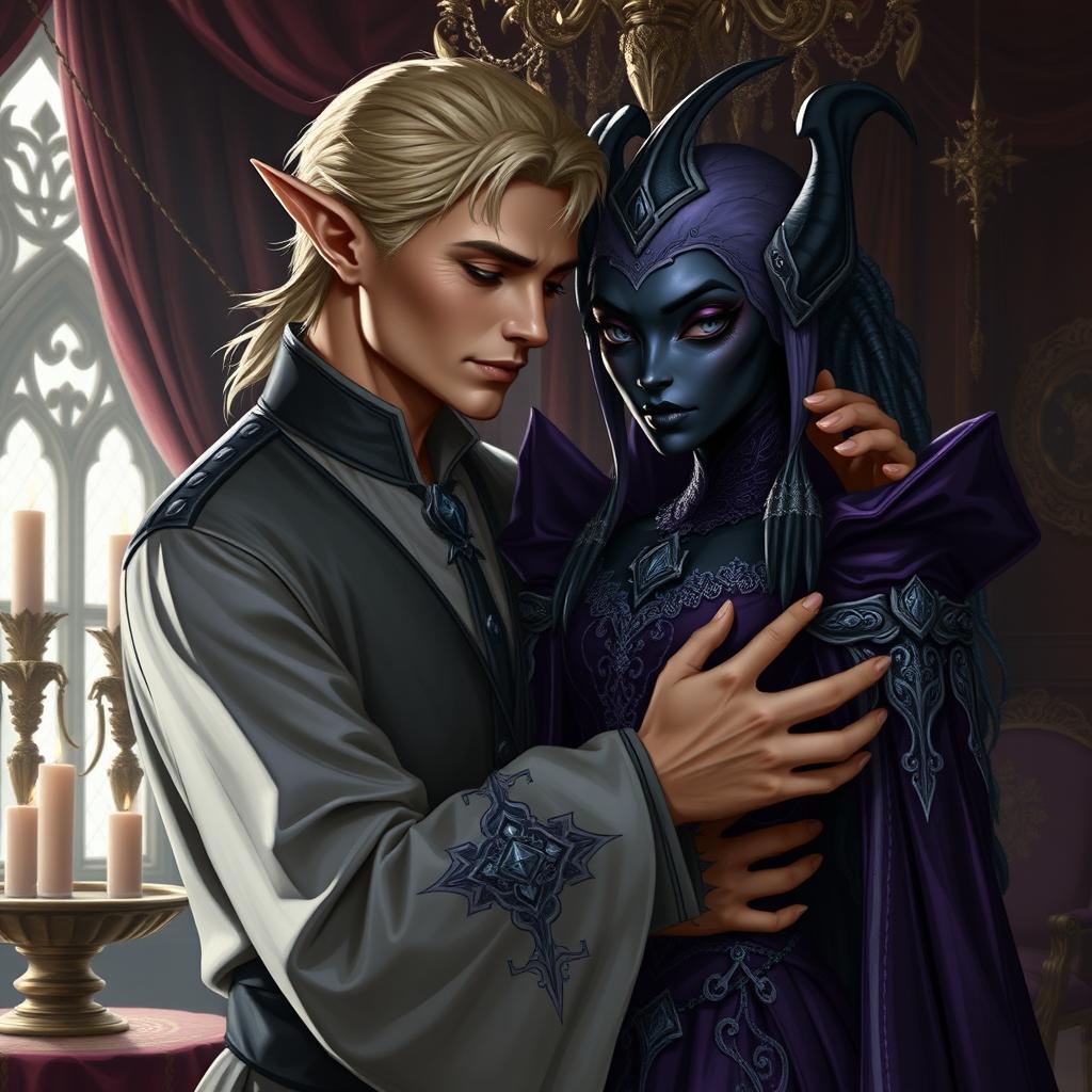 A male high elf servant with elegant features and a warm expression, gently embracing a female drow noble, exuding sophistication and mystery