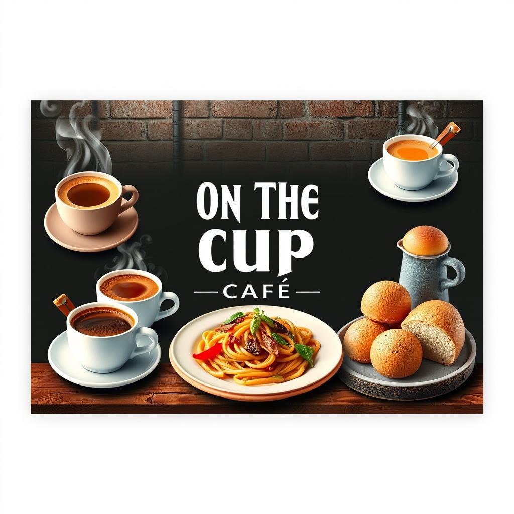 A promotional flyer for 'On The Cup Cafe', featuring a captivating arrangement of various menu items such as steaming cups of coffee, elegantly presented tea, a delicious plate of pasta, freshly baked bread, and enticing rice cakes
