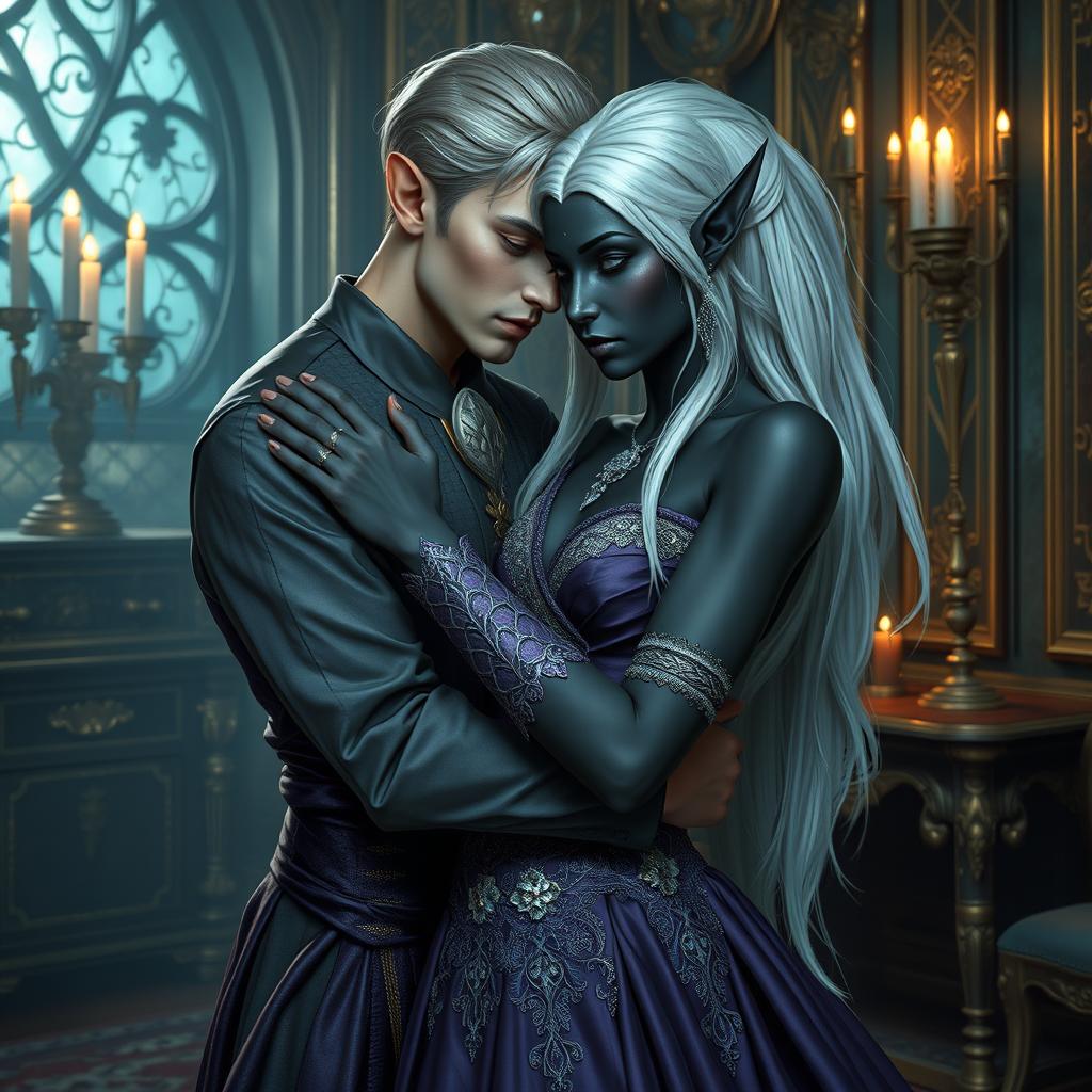 A male high elf servant with delicate features and ethereal beauty, gently embracing a female drow noble who radiates elegance and mystery