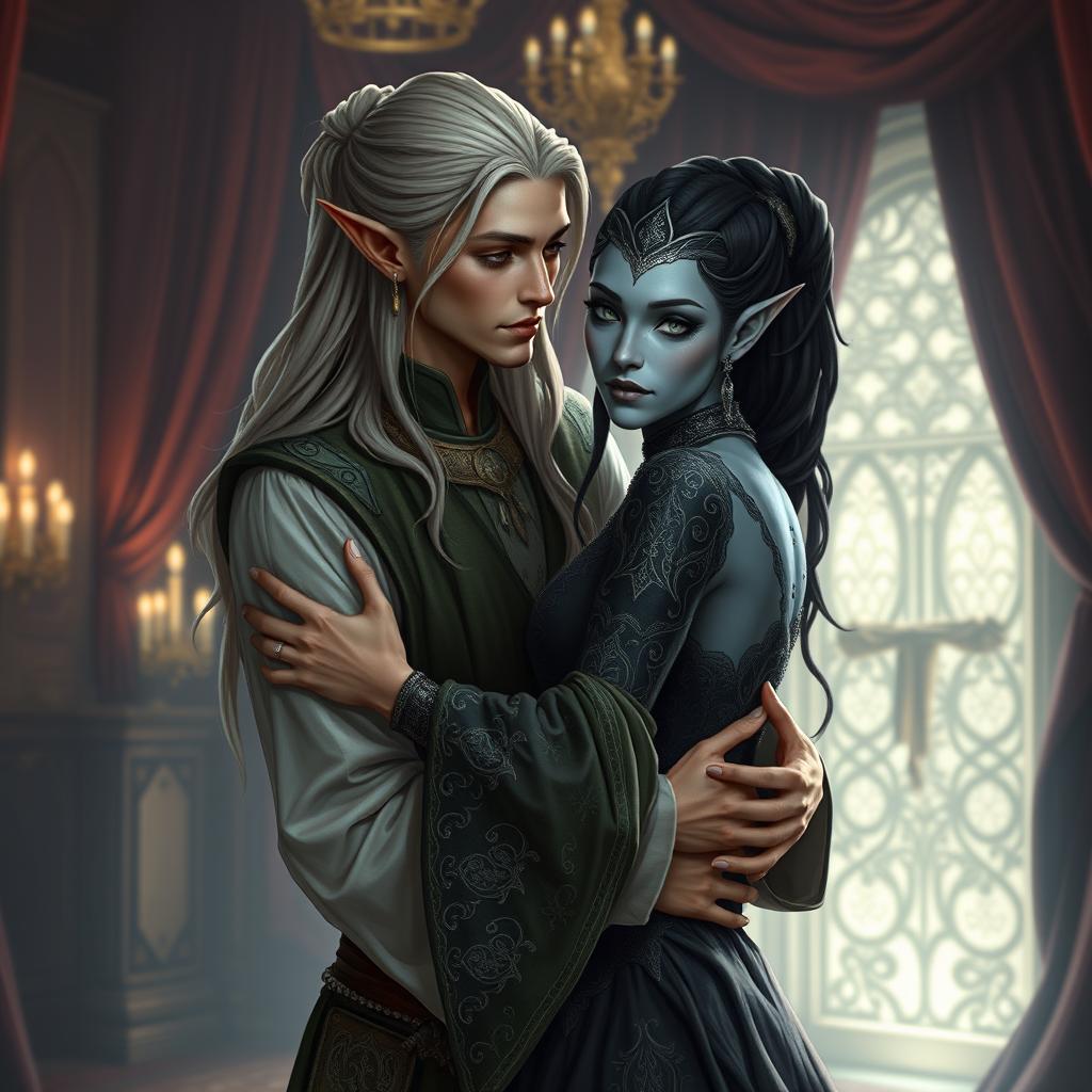 A male high elf servant, characterized by his ethereal features and graceful demeanor, gently embracing a female drow noble, who emanates elegance and charm