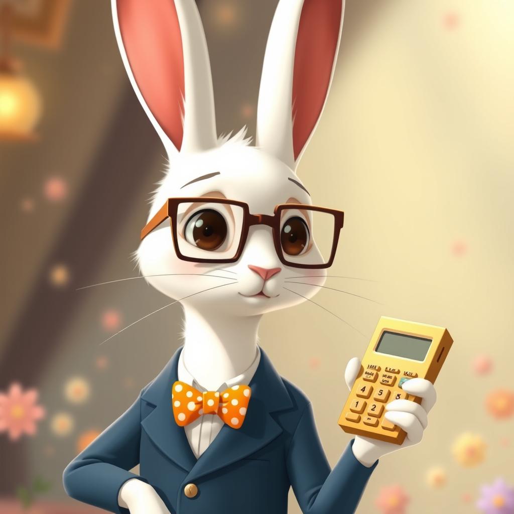 A tall, thin white rabbit with an intelligent appearance, wearing square-frame glasses