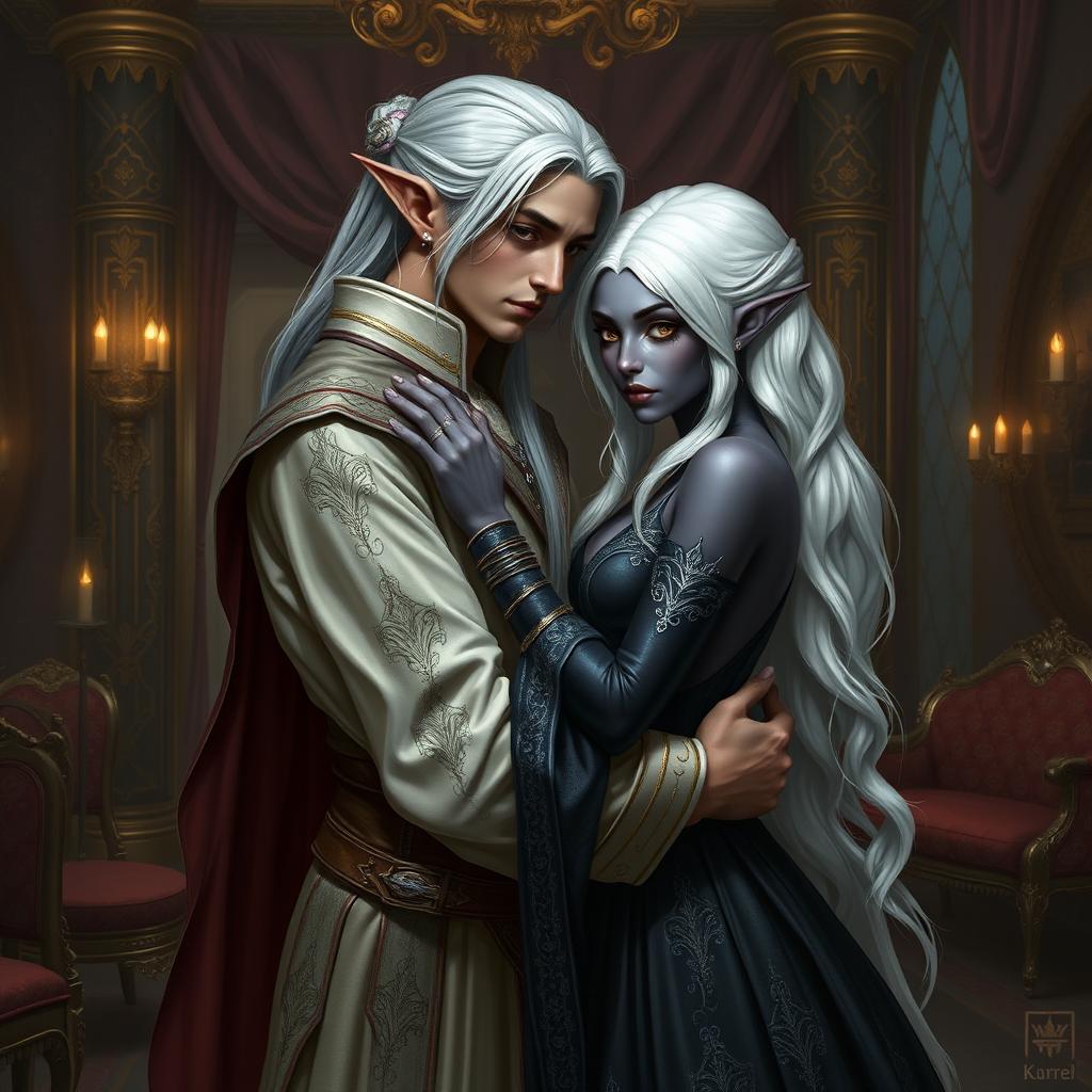 A male high elf servant, showcasing his elegant and delicate features, is gently embracing a female drow noble who exudes grace and allure