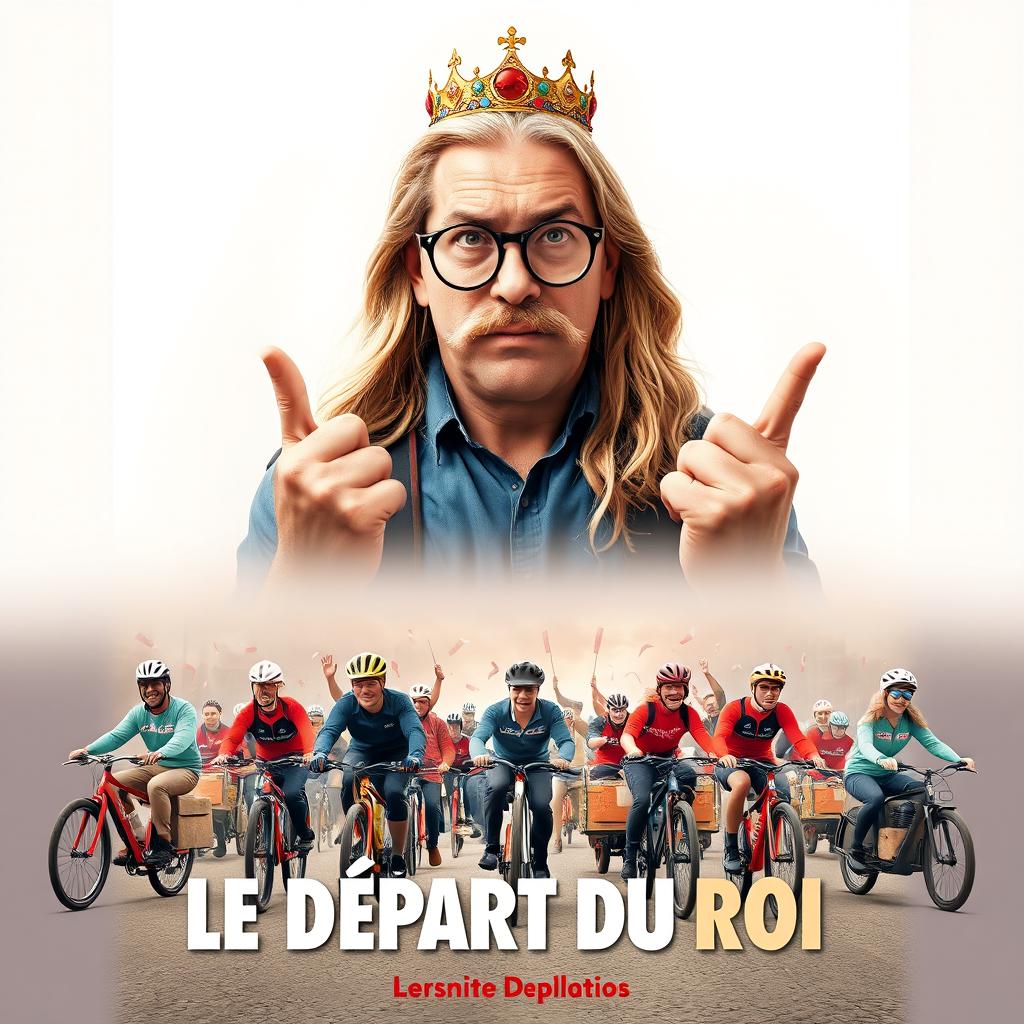 A movie poster titled "Le Départ du Roi" featuring the main character, a cargo bike courier known as the God of the Race, positioned at the top of the poster