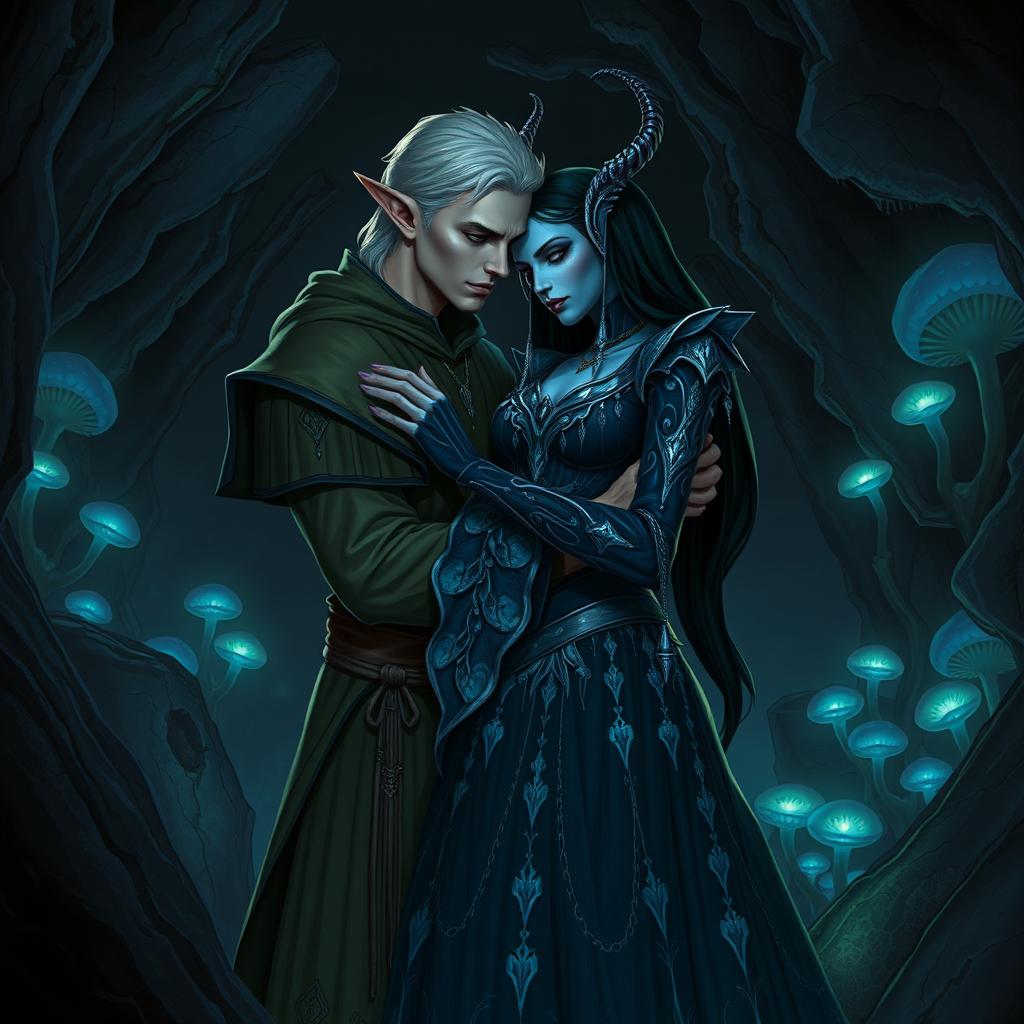 A male high elf servant with graceful features is tenderly embracing a female drow noble in the mysterious and shadowy underdark