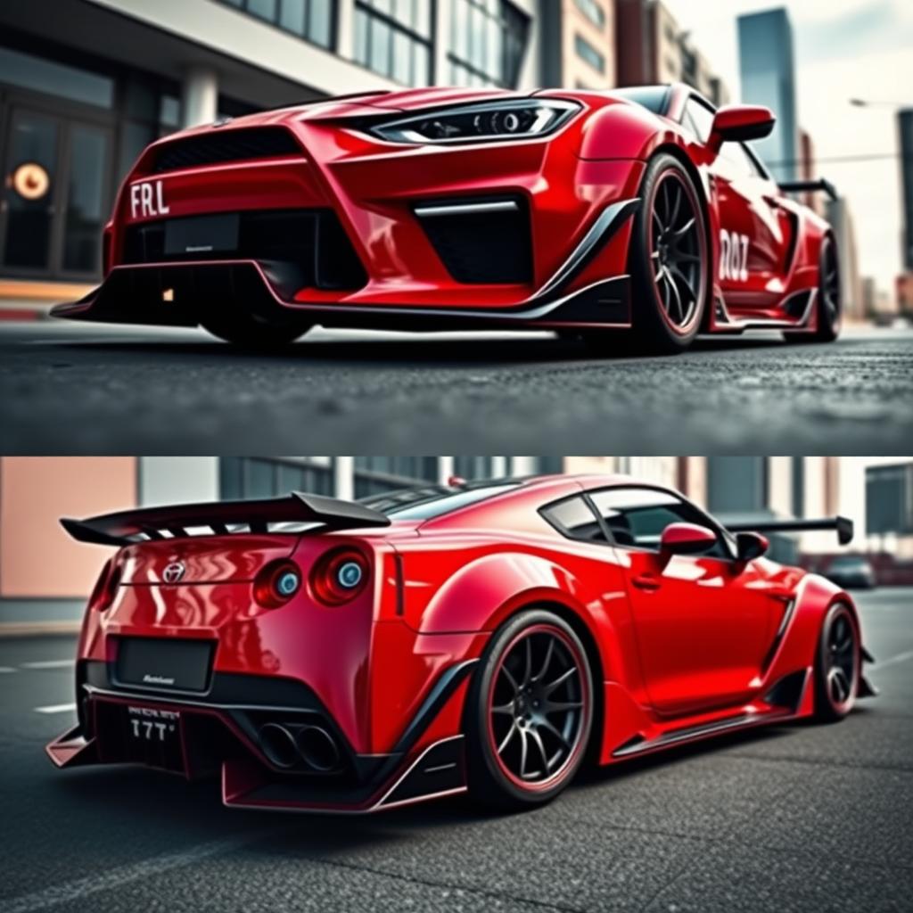 Design a wide-bodied bodykit for a modern sports car, featuring aggressive fenders, an extended front bumper with large air intakes, side skirts that enhance the car's low profile, and a rear diffuser that improves aerodynamics