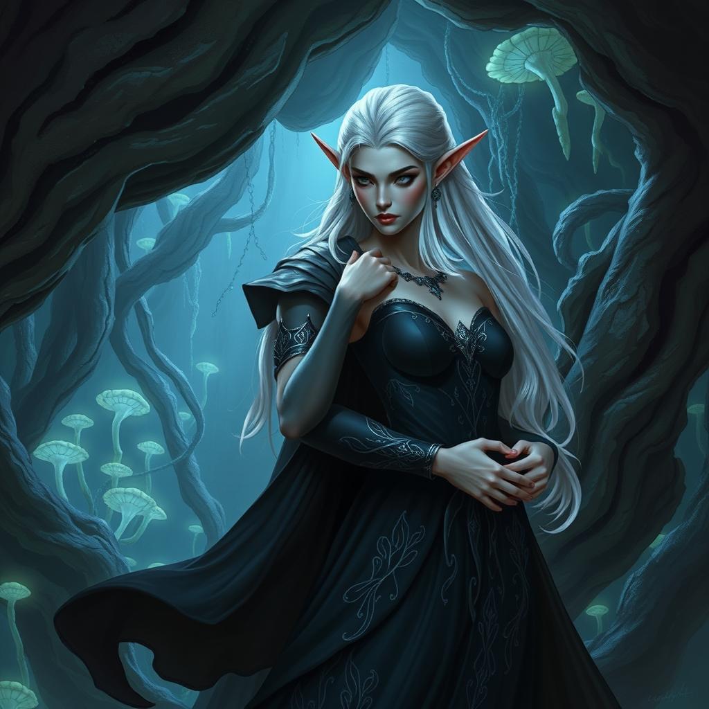 A male high elf servant, with his strikingly delicate features and silvery hair, is gently embracing a female drow noble in the enchanting underdark