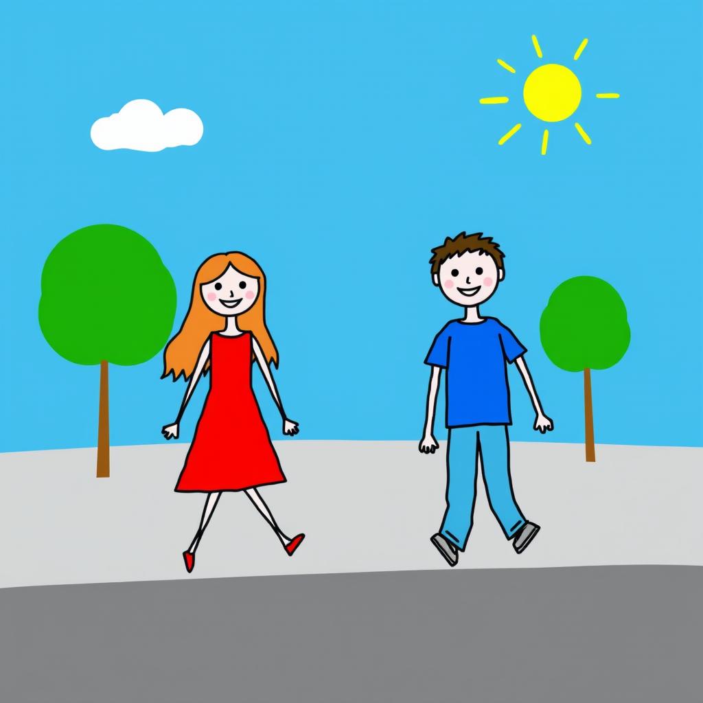 A simple drawing of a girl and a boy walking on a street, depicted with basic shapes and colors, reminiscent of an amateur drawing in MS Paint
