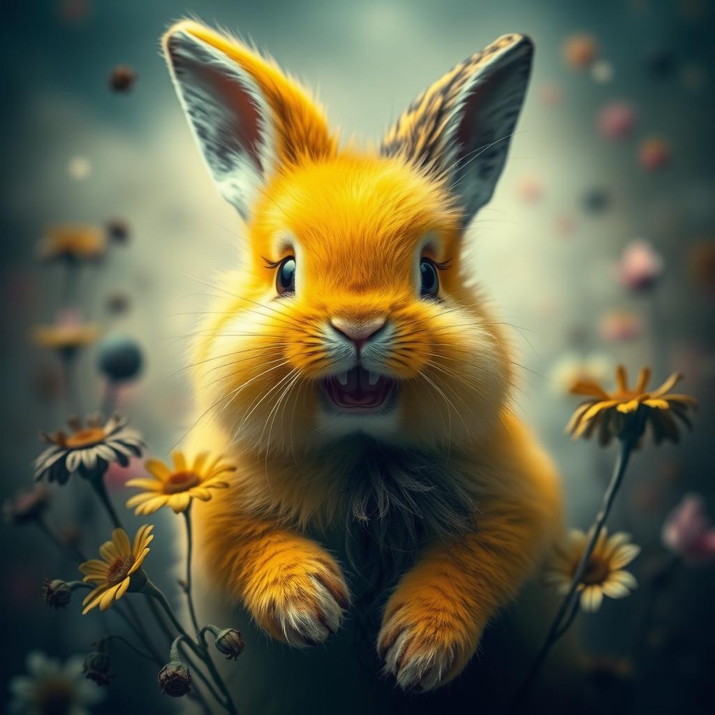 A surreal portrait of a half alive, half dead yellow bunny, showcasing one side vibrant and lively with bright yellow fur, joyful expression, and sparkling eyes