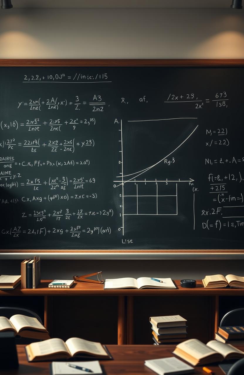 A mathematical scene depicting differential and integral calculus concepts, featuring an elegant blackboard filled with equations such as derivatives, integrals, and limits