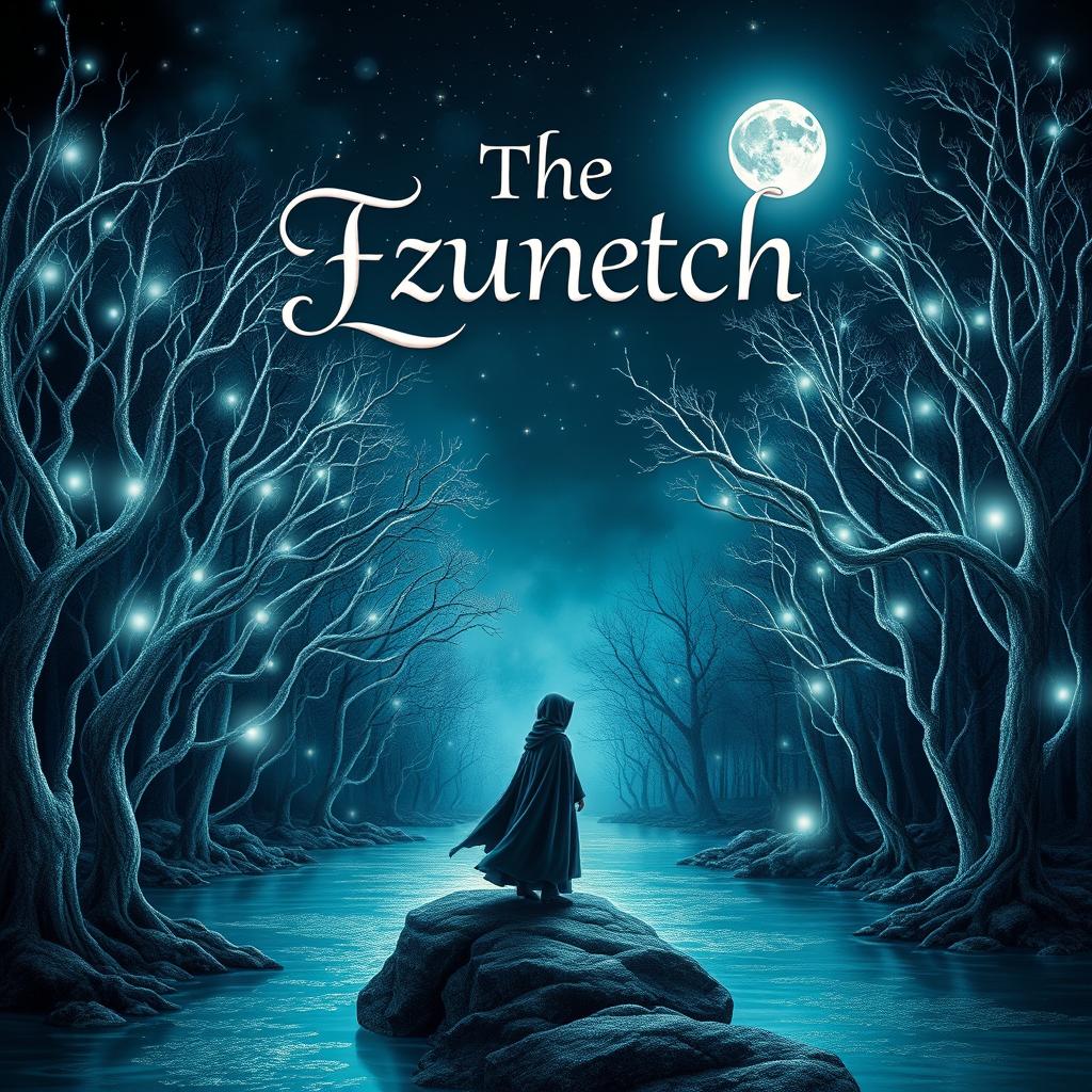 A captivating book cover design featuring a mystical forest that has glowing elements intertwined with intricate, silver trees