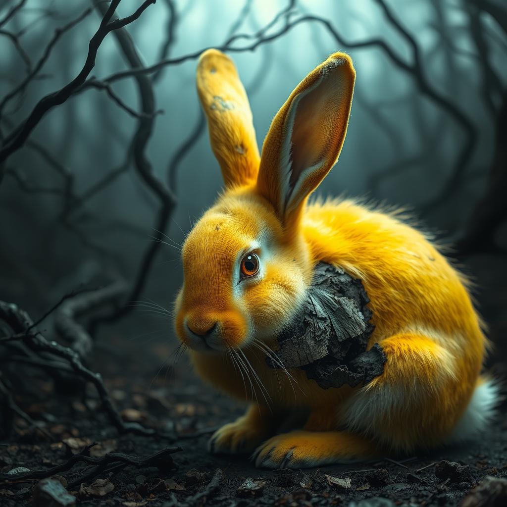 A half alive, half decomposed yellow bunny, showcasing a blend of vibrant yellow fur mixed with patches of decaying texture, set in an eerie forest environment
