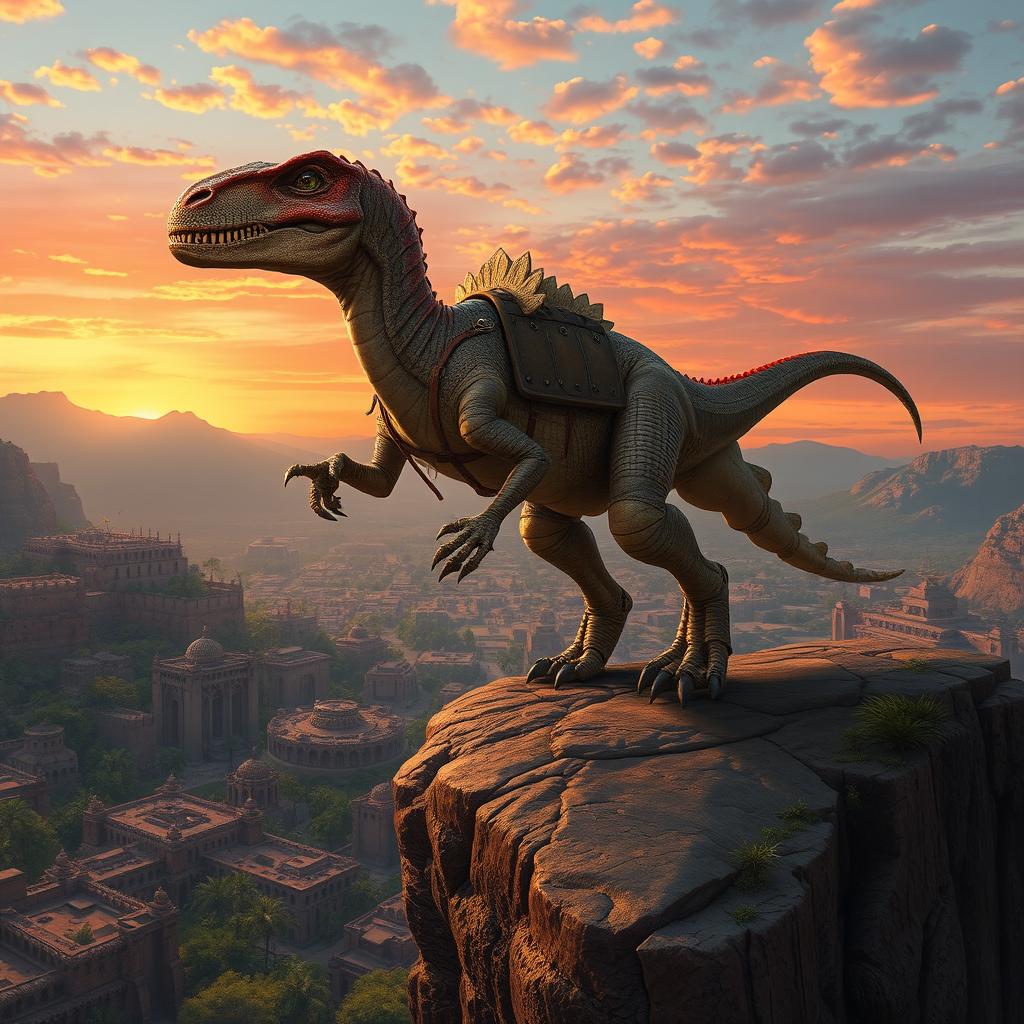An evolved dinosaur with humanoid features, featuring intelligent eyes and a strong bipedal stance