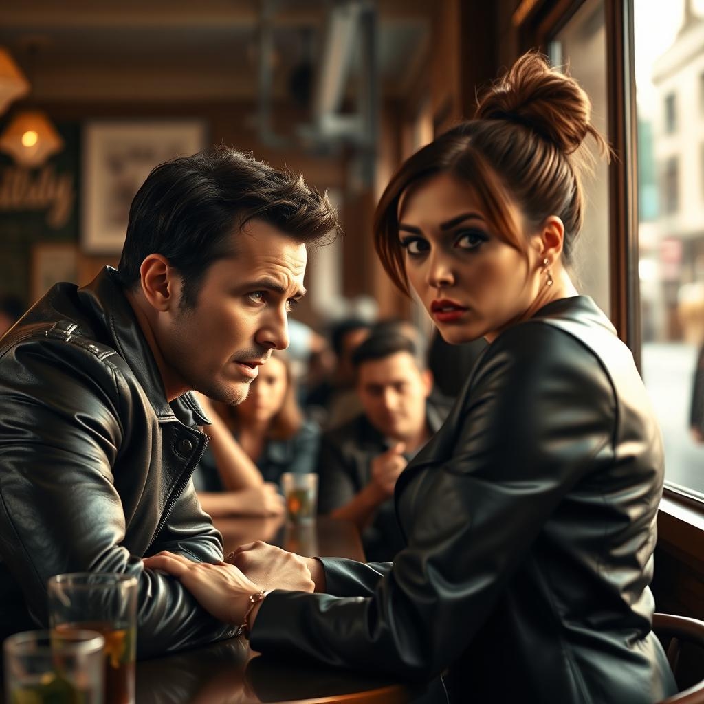 A dramatic movie scene depicting a tense confrontation between two characters in a busy café setting