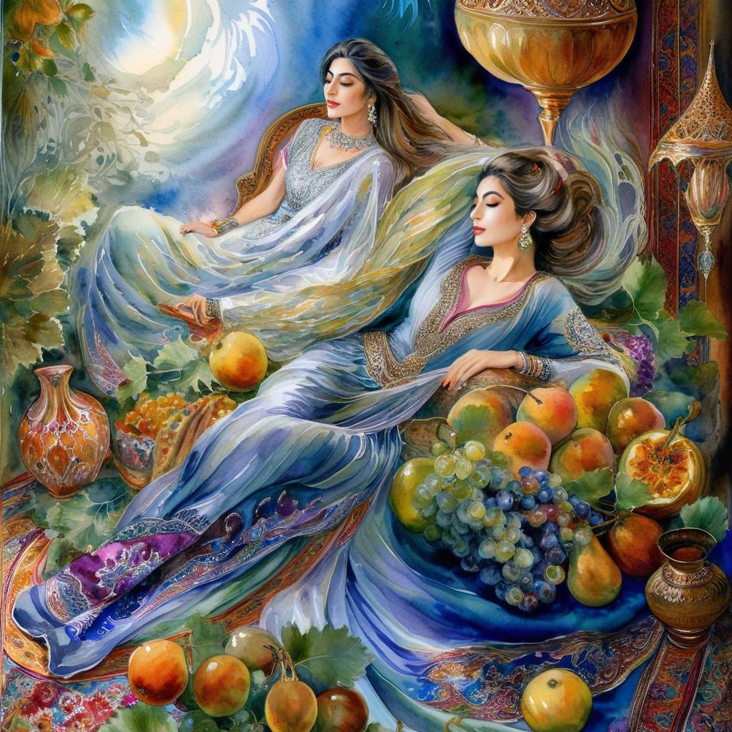 A mystical and spiritual watercolor painting of a beautiful Iranian woman reclining on a royal back inside a beautiful Iranian home with shiny and colorful silk carpets, fruit and grape dishes, traditional vases, and colorful flowers