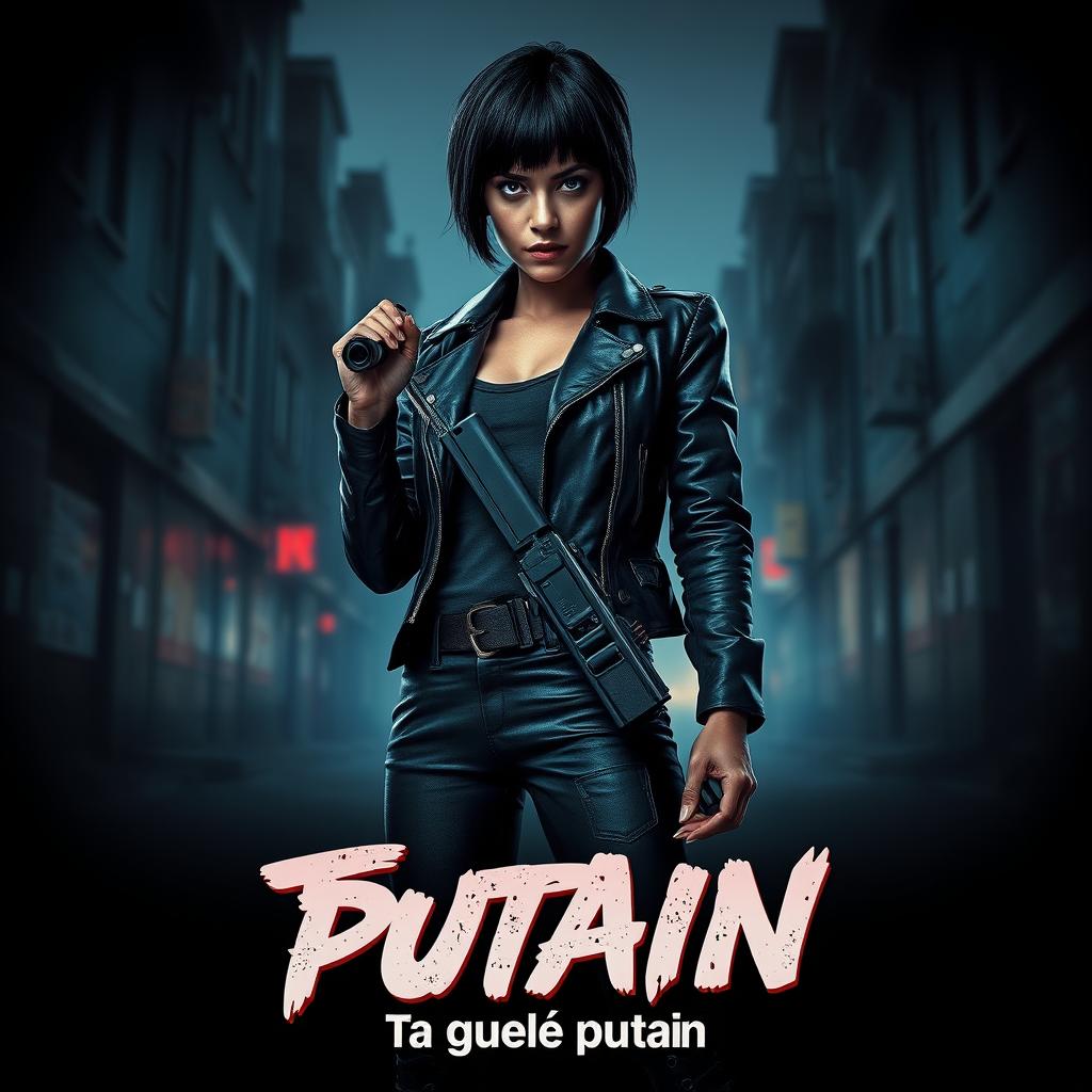 A striking movie poster for an action-packed film titled 'Ta gueule putain', featuring a gritty urban landscape
