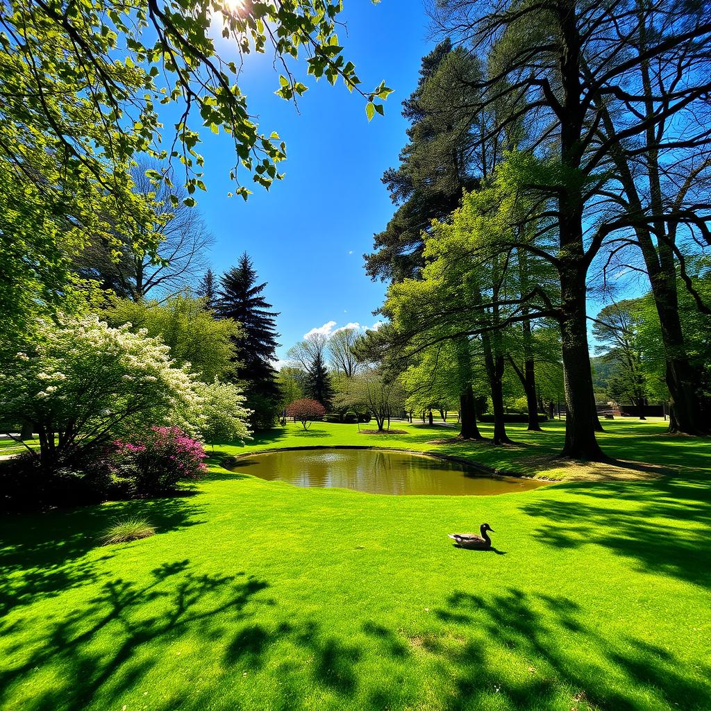 A beautiful and serene outdoor scene featuring a lush green park with blooming flowers and tall trees under a clear blue sky