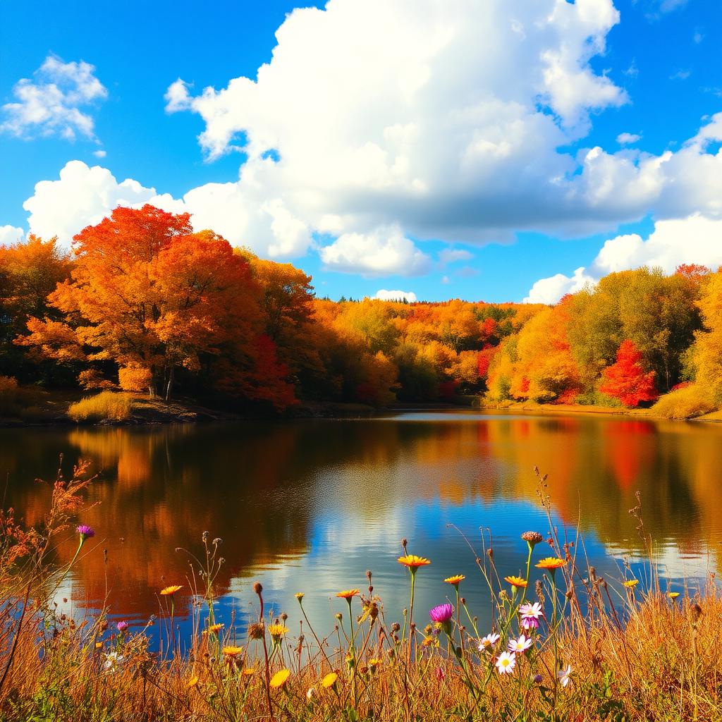 A vibrant autumn landscape featuring a serene lake surrounded by colorful trees, their leaves showcasing shades of orange, yellow, and red