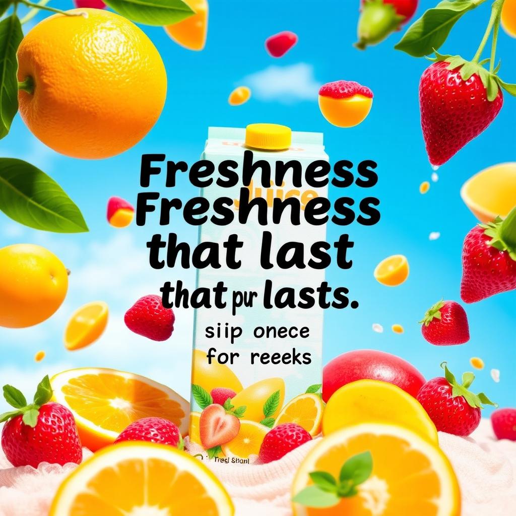 A visually appealing juice box imagery designed to evoke freshness and longevity, showcasing vibrant fruits and a refreshing beverage