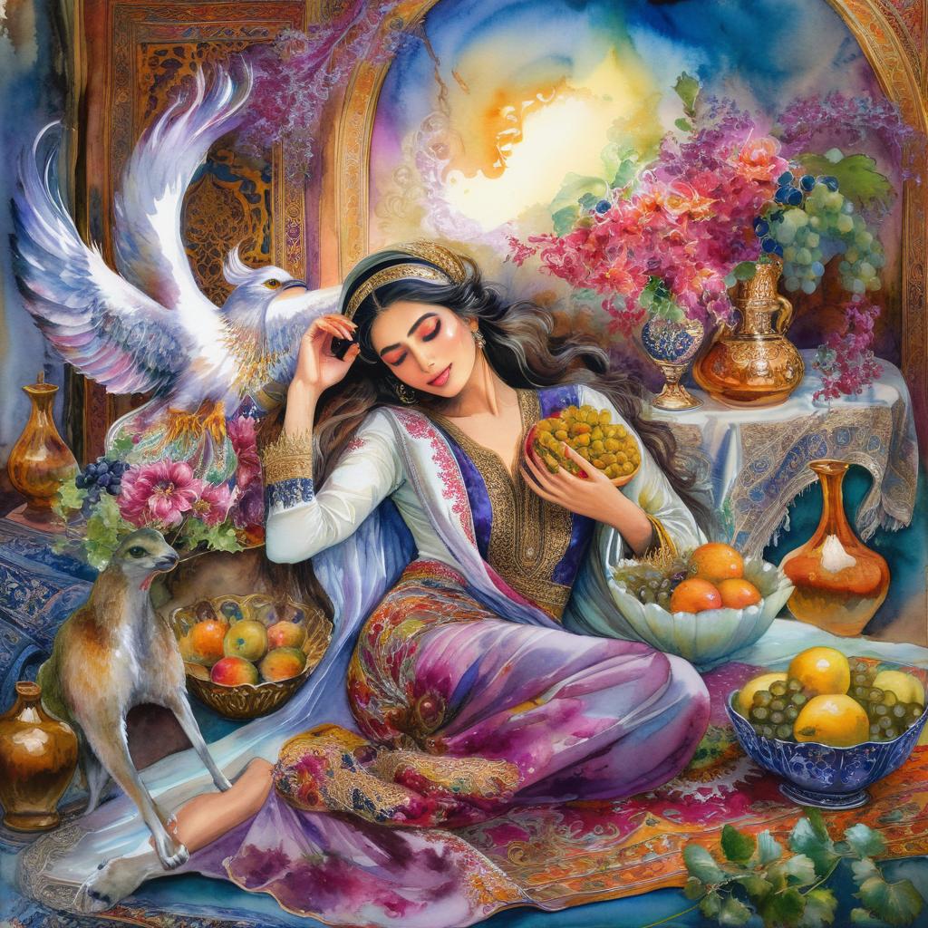 A mystical and spiritual watercolor painting of a beautiful Iranian woman reclining on a royal back inside a beautiful Iranian home with shiny and colorful silk carpets, fruit and grape dishes, traditional vases, and colorful flowers
