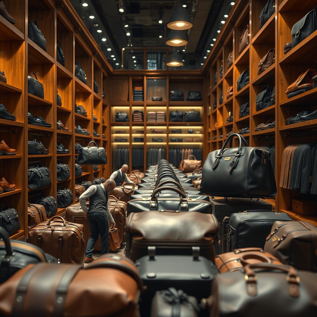 Tiny cartoon workers diligently organizing oversized leather bags in a luxury men's bag store, surrounded by rich wooden shelves and a high-end fashion boutique interior