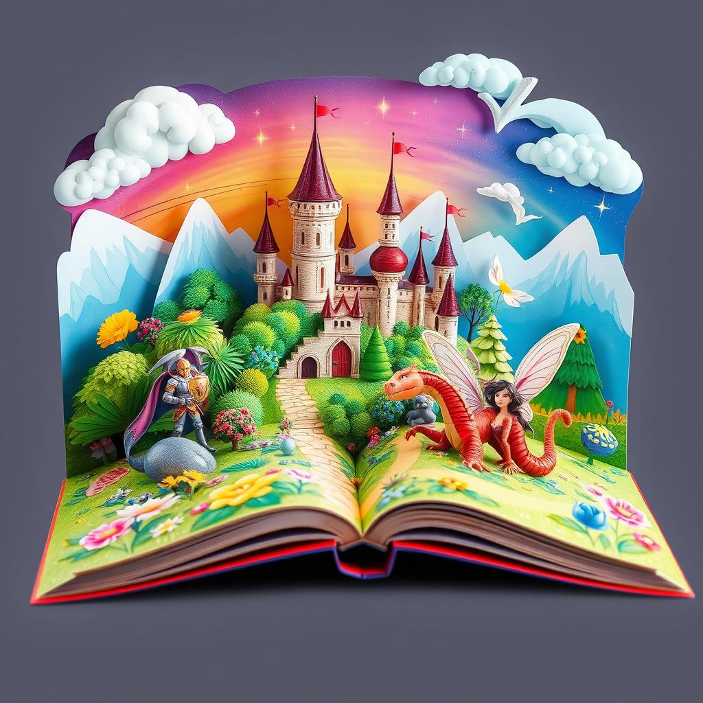 A visually captivating pop-up book scene illustrating a vibrant fantasy world, filled with lush, colorful landscapes, majestic castles, and whimsical creatures