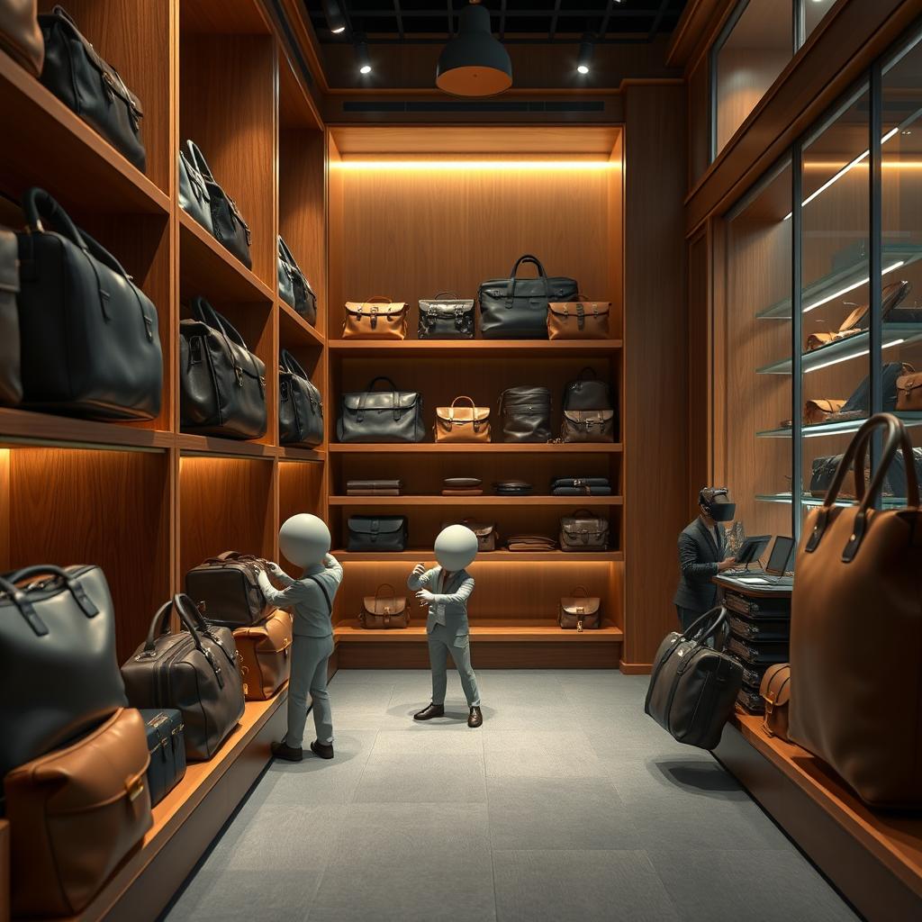 A scene depicting tiny cartoon workers organizing oversized leather bags in a luxury men's bag store