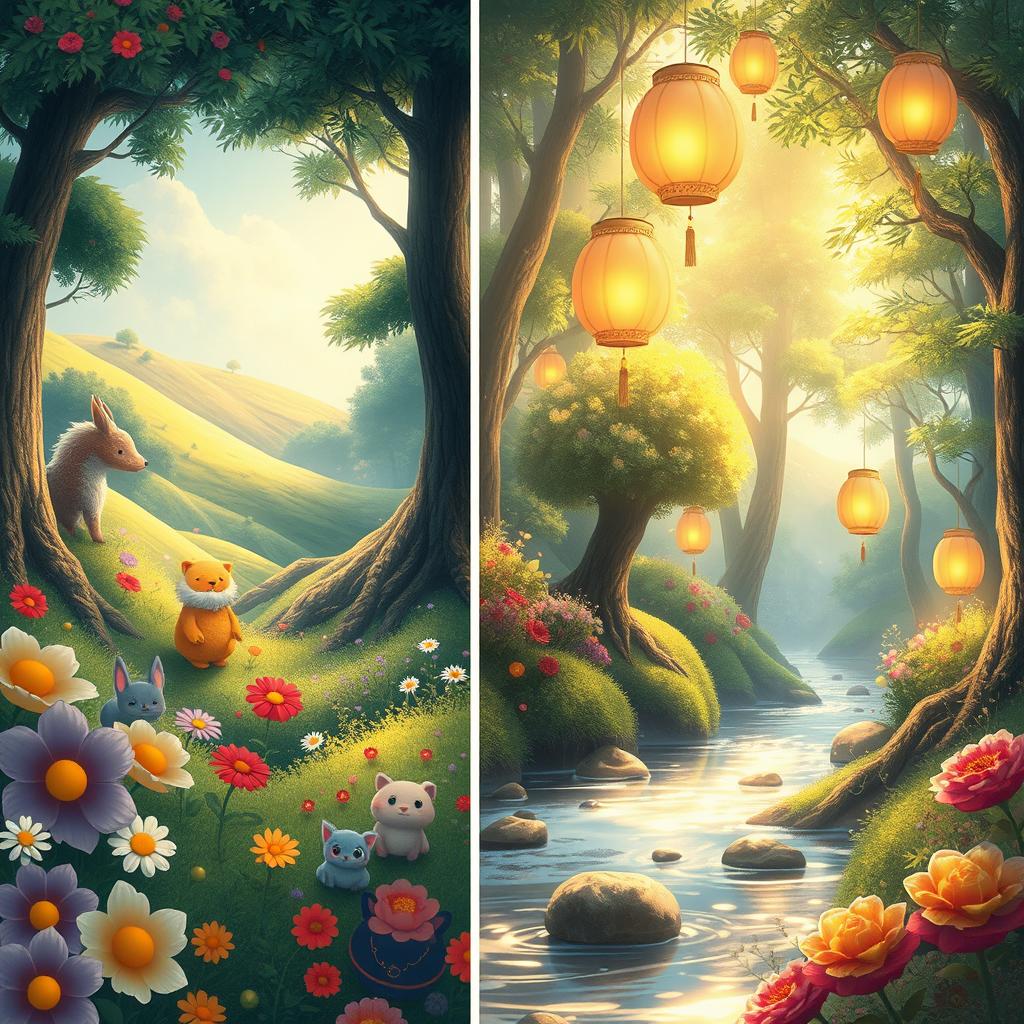 A whimsical, enchanting scene inspired by Ghibli films, featuring a lush, vibrant forest filled with cartoonish woodland creatures and magical elements
