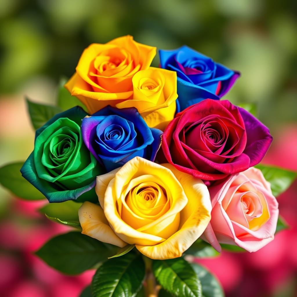 A stunning arrangement of seven colored roses, each petal showcasing a different vibrant hue