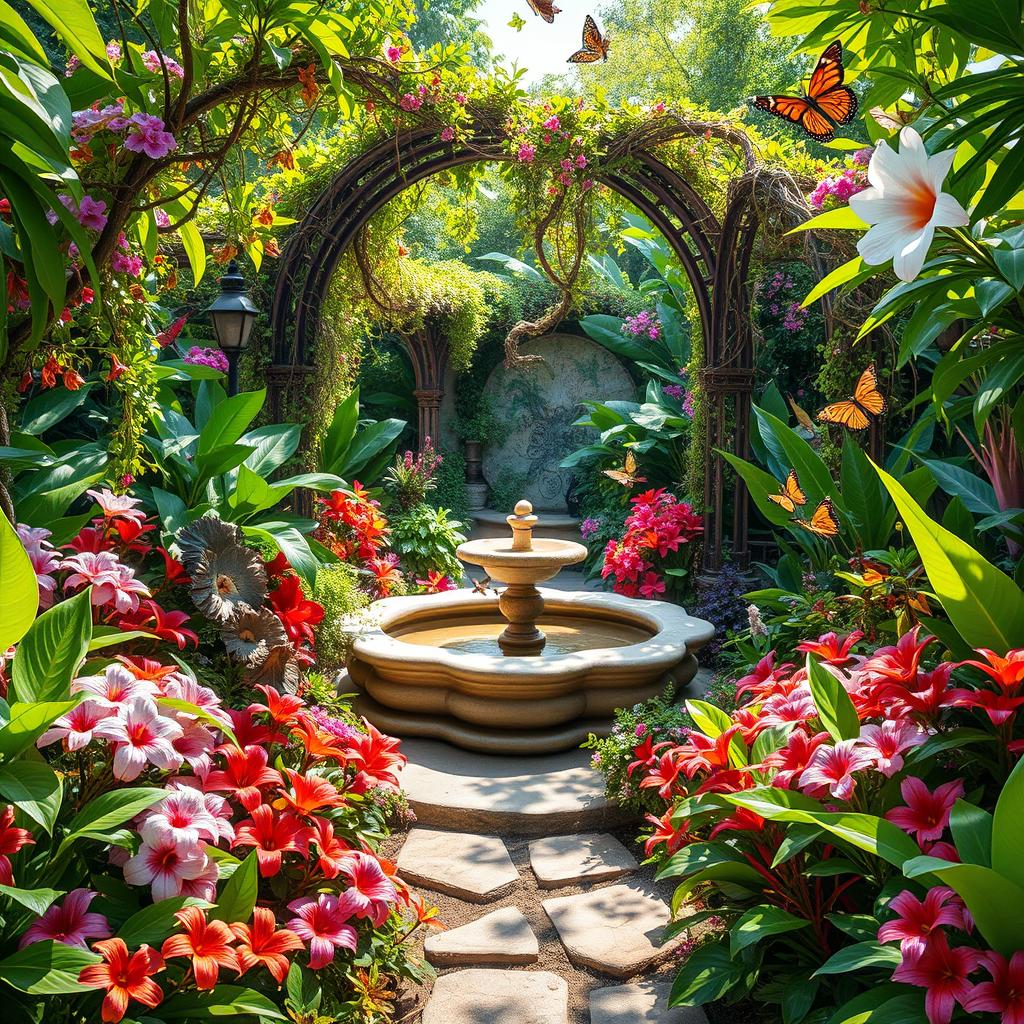 A lush, vibrant botanical garden filled with a variety of exotic plants, flowers in full bloom, twisting vines climbing ornate trellises, and a soothing water feature in the center