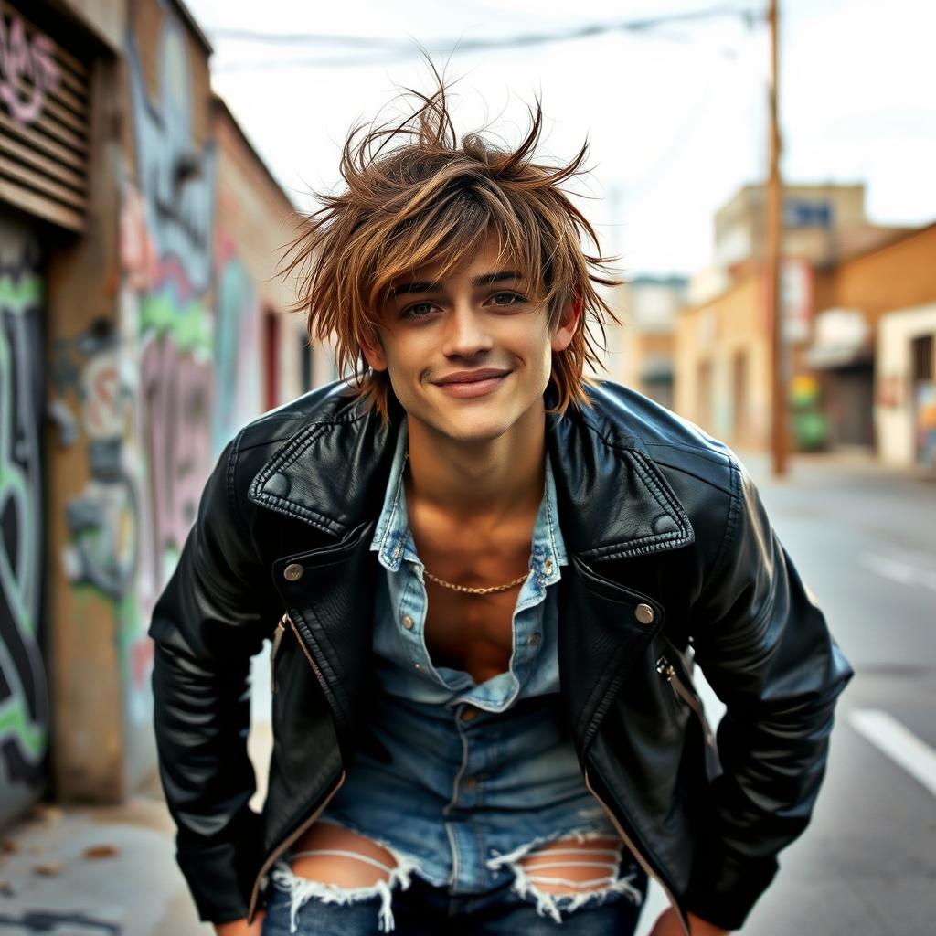 A stylish person with an edgy, confident look, wearing slightly torn jeans and a chic leather jacket