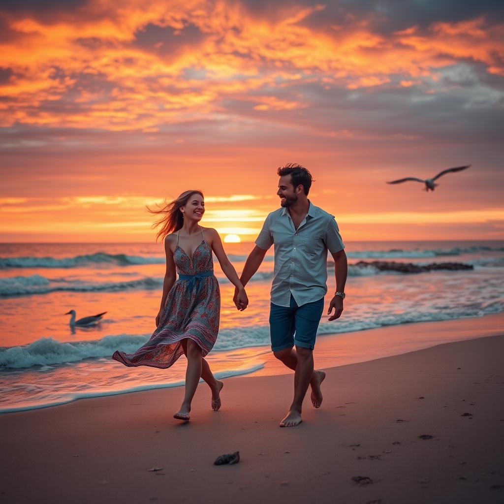A romantic scene of a couple walking hand in hand near the beach during sunset